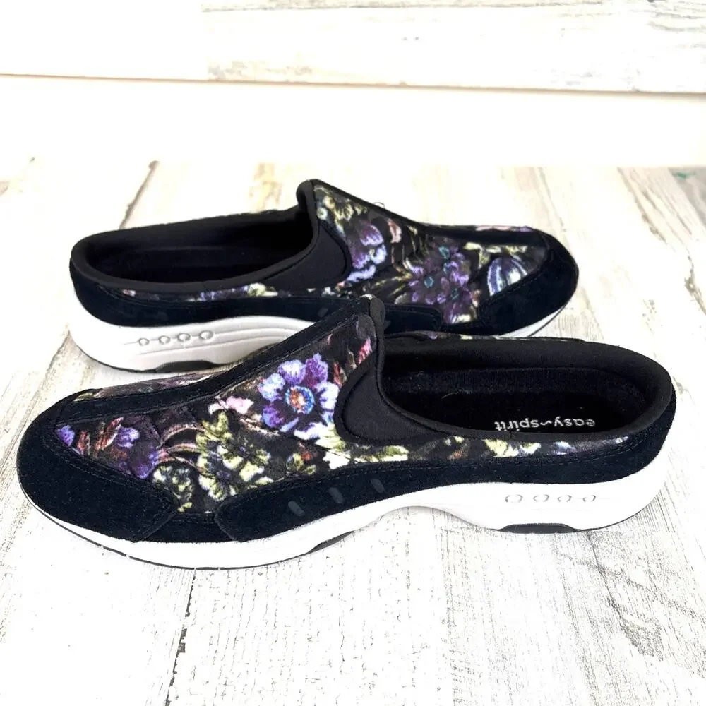 Easy Spirit Womens 10 Black Purple Floral Travel Time Slip On Sneakers NEW